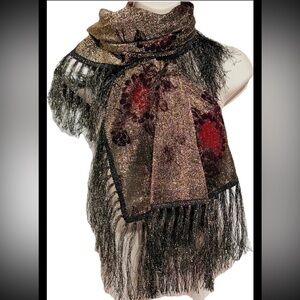 Vintage Gold Shimmery Scarf Red & Brown Floral Print Shimmery Gold Black Fringe
